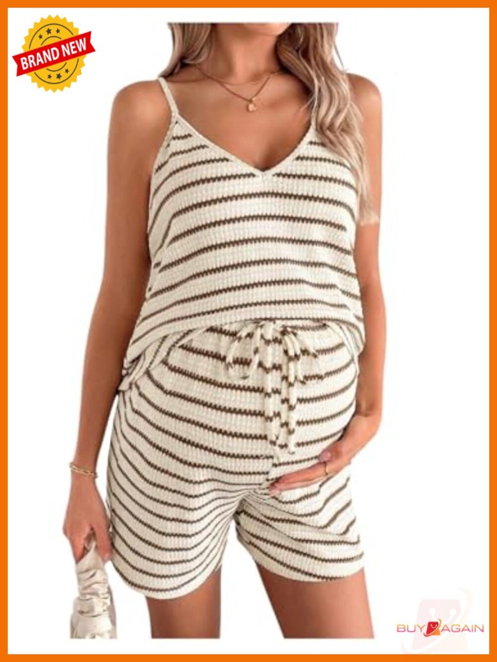 Maternity Striped Knit V Neck Cami Top & Shorts 2 Piece Lounge Set